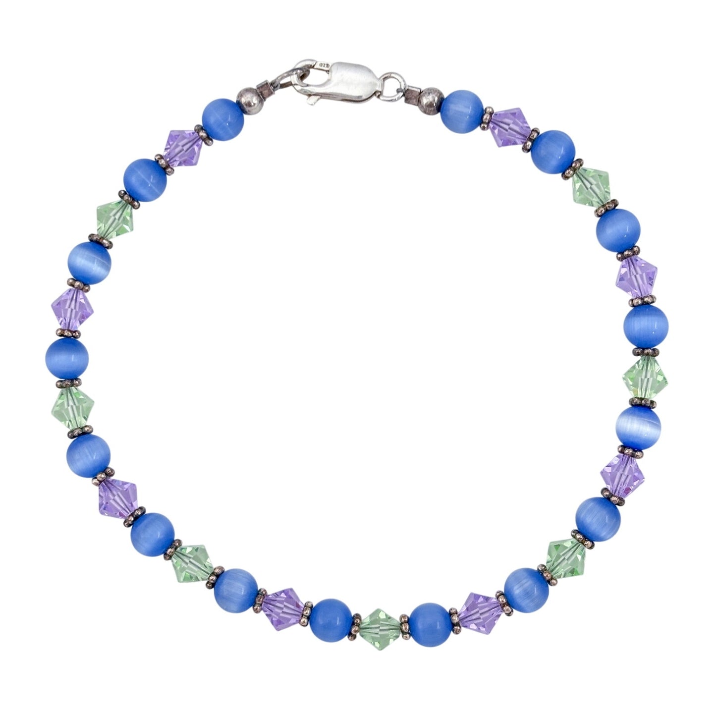 Vintage Sterling Silver 925 Blue Purple Green Crystal Anklet 9.5"