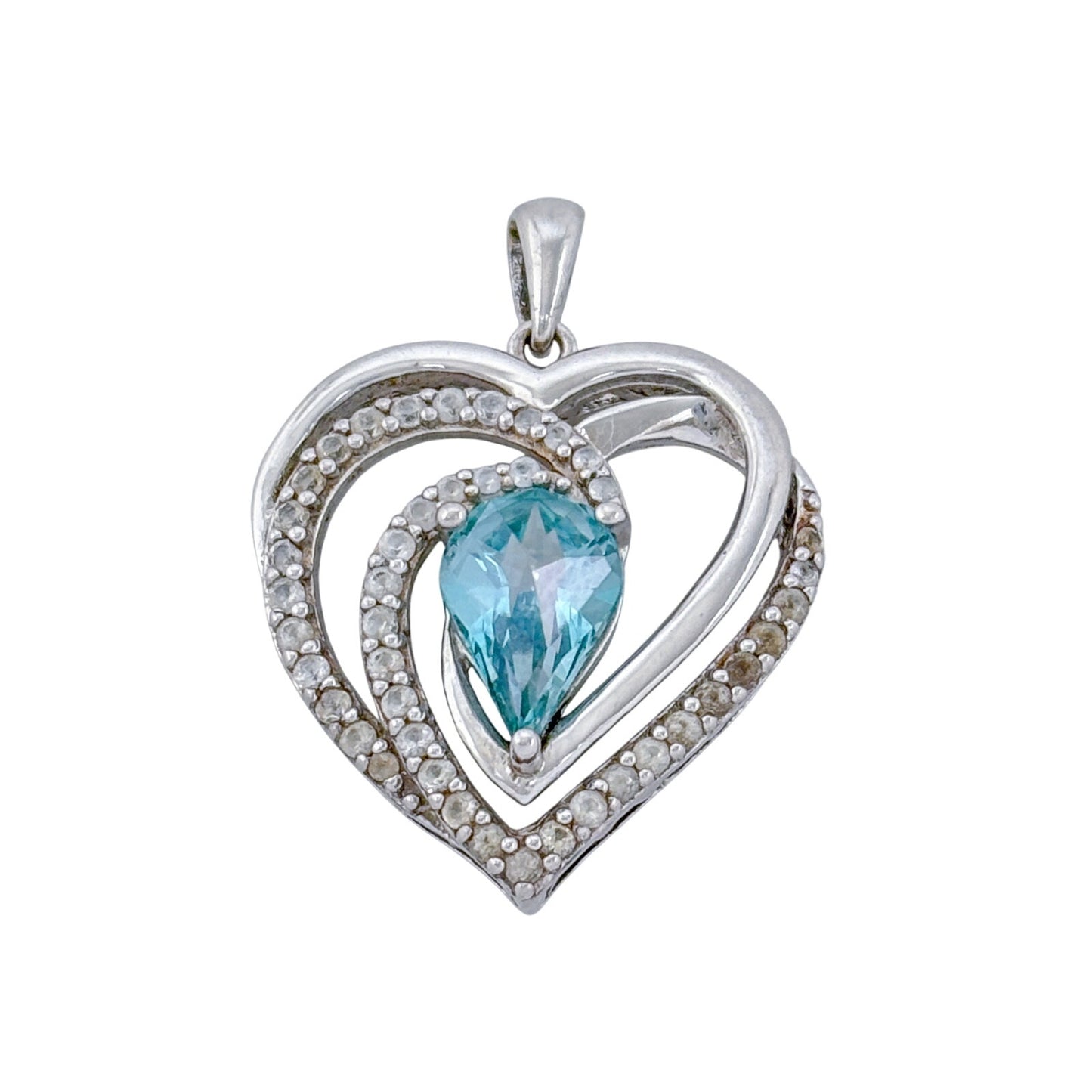 Vintage Sterling Silver 925 Blue Topaz Diamond Heart Pendant