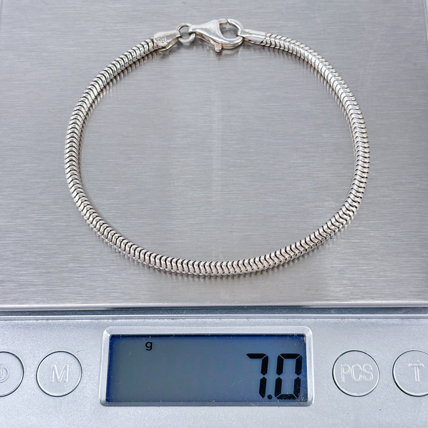 Estate Sterling Silver 925 3mm Snake Chain Charm Bracelet 7.5"