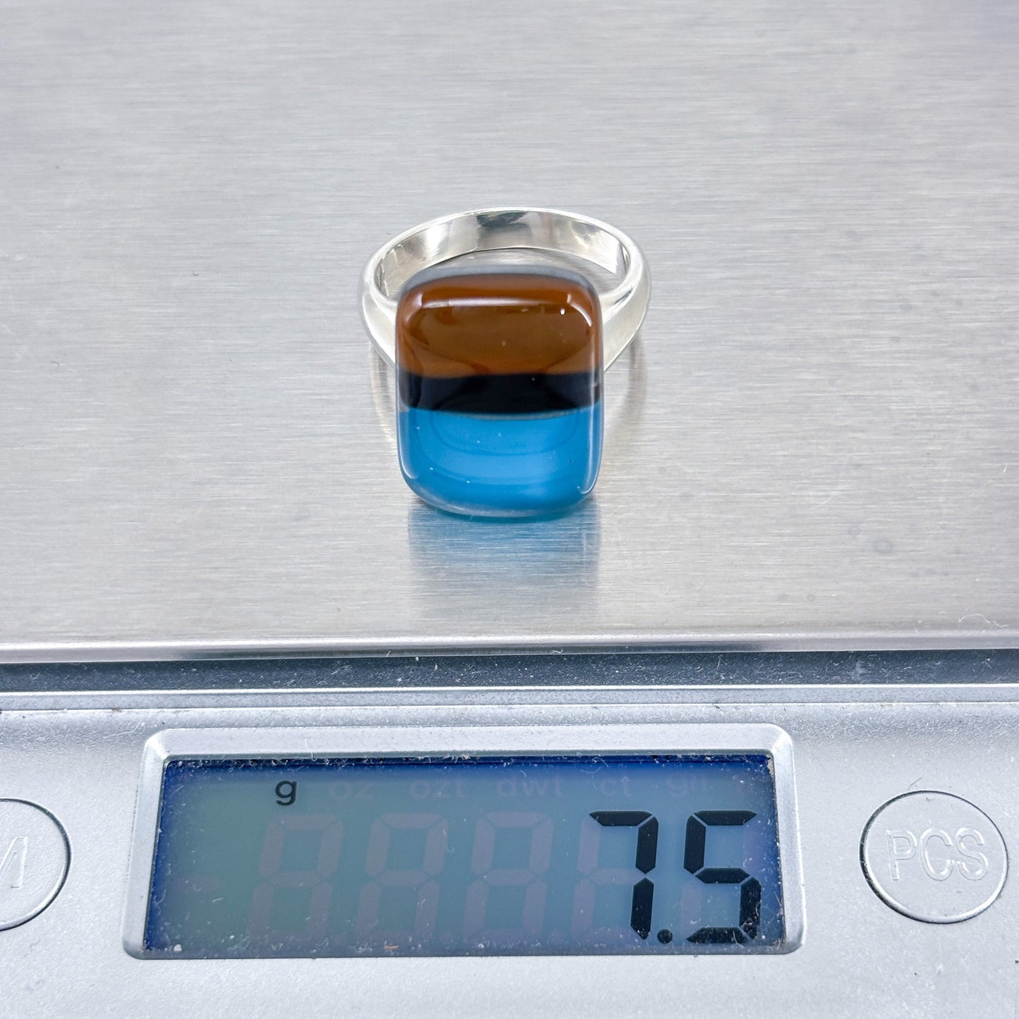 Vintage Sterling Silver 925 Blue Brown Fused Glass Ring Size 7