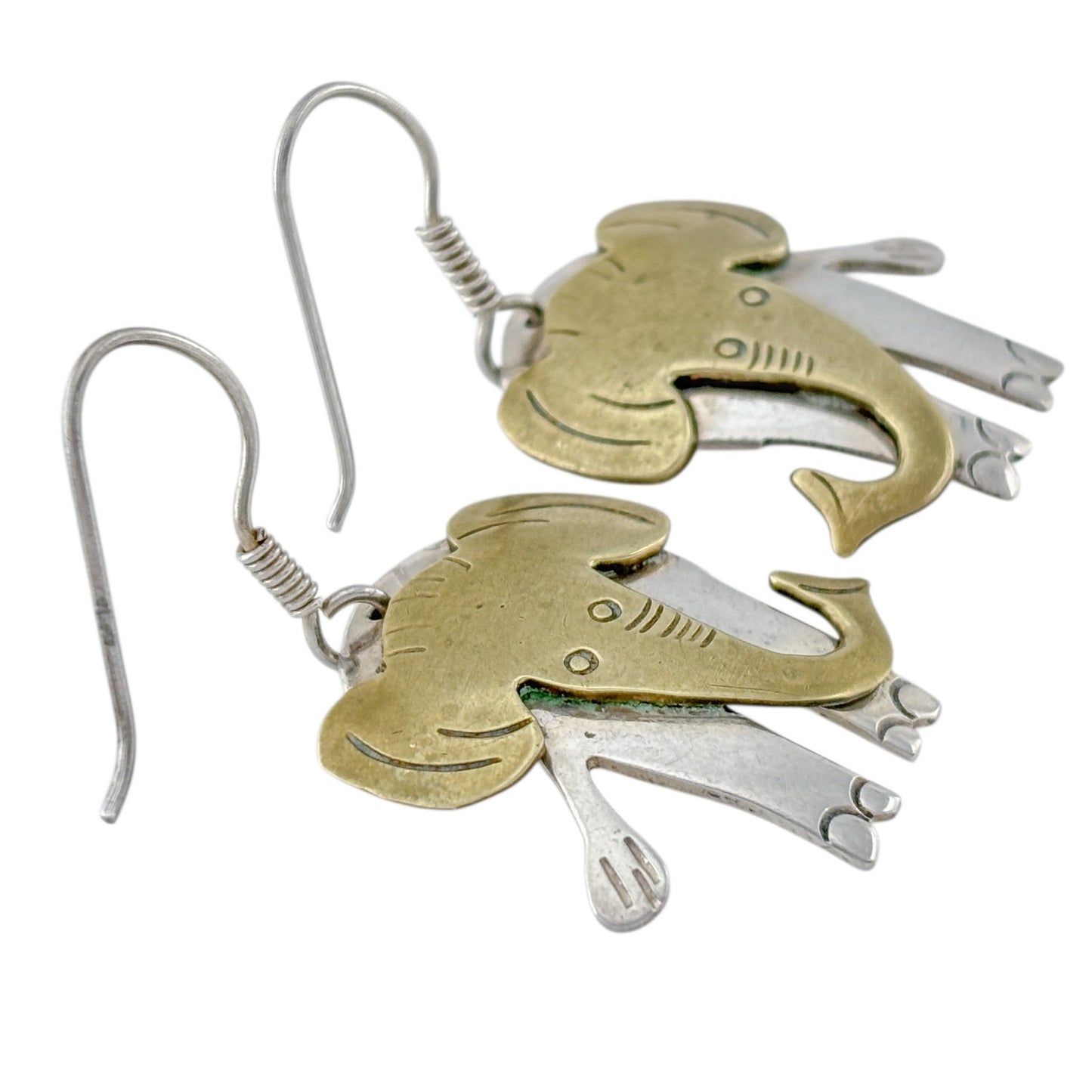 Vintage Mexico Taxco Sterling Silver 925 Brass Elephant Dangle Earrings