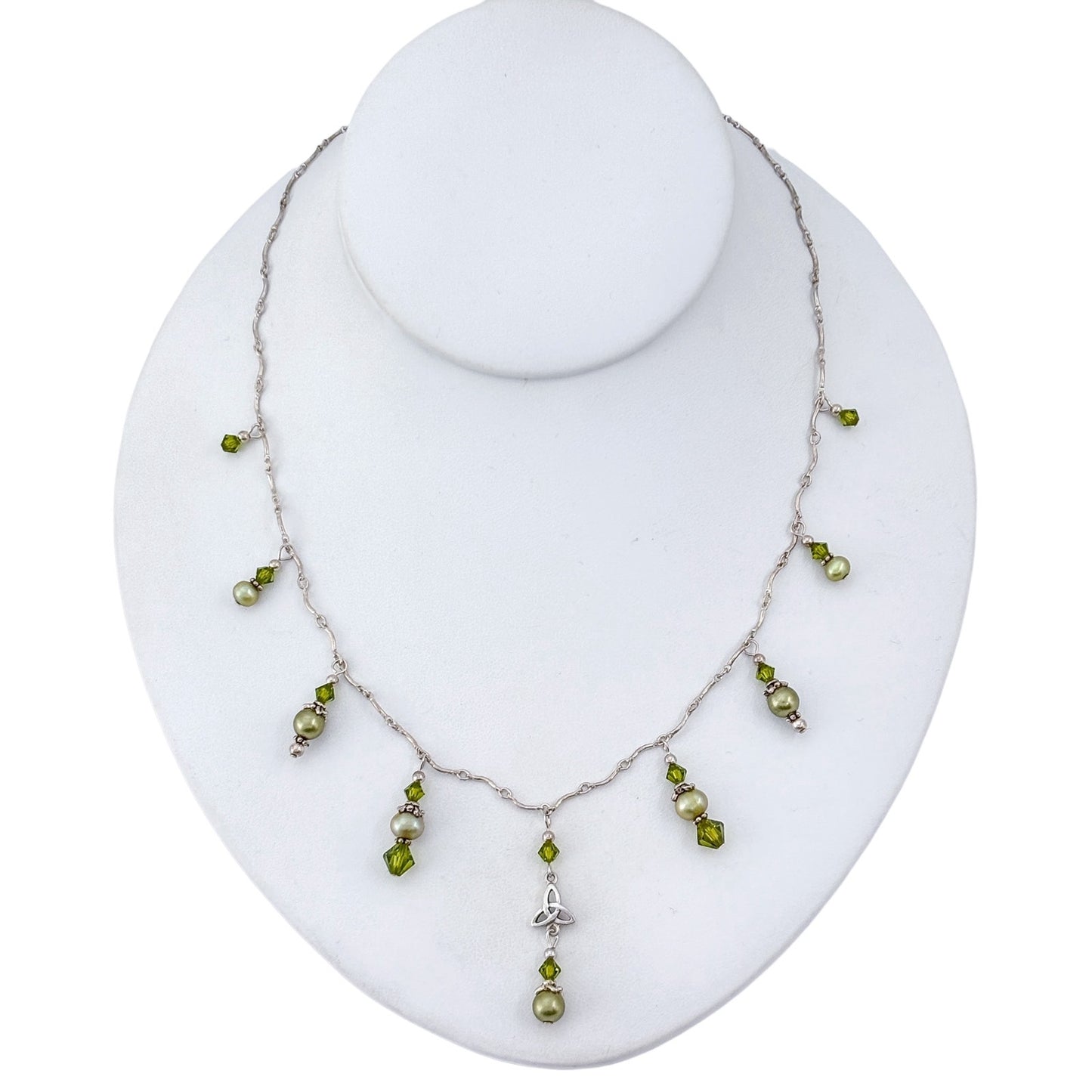 Vintage Sterling Silver 925 Green Crystal Pearl Necklace 16"-17.5"