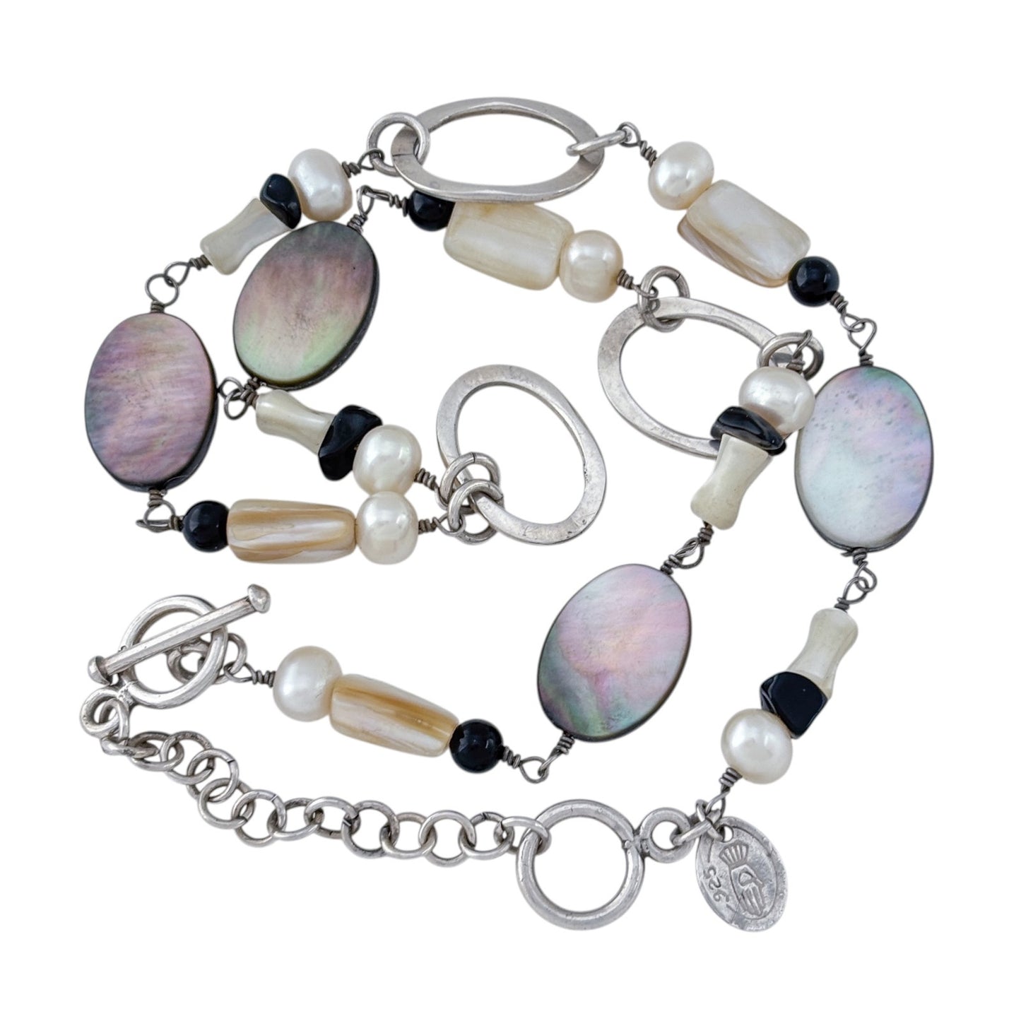 Vintage Sterling Silver 925 Abalone Pearl Onyx Necklace 17-19"