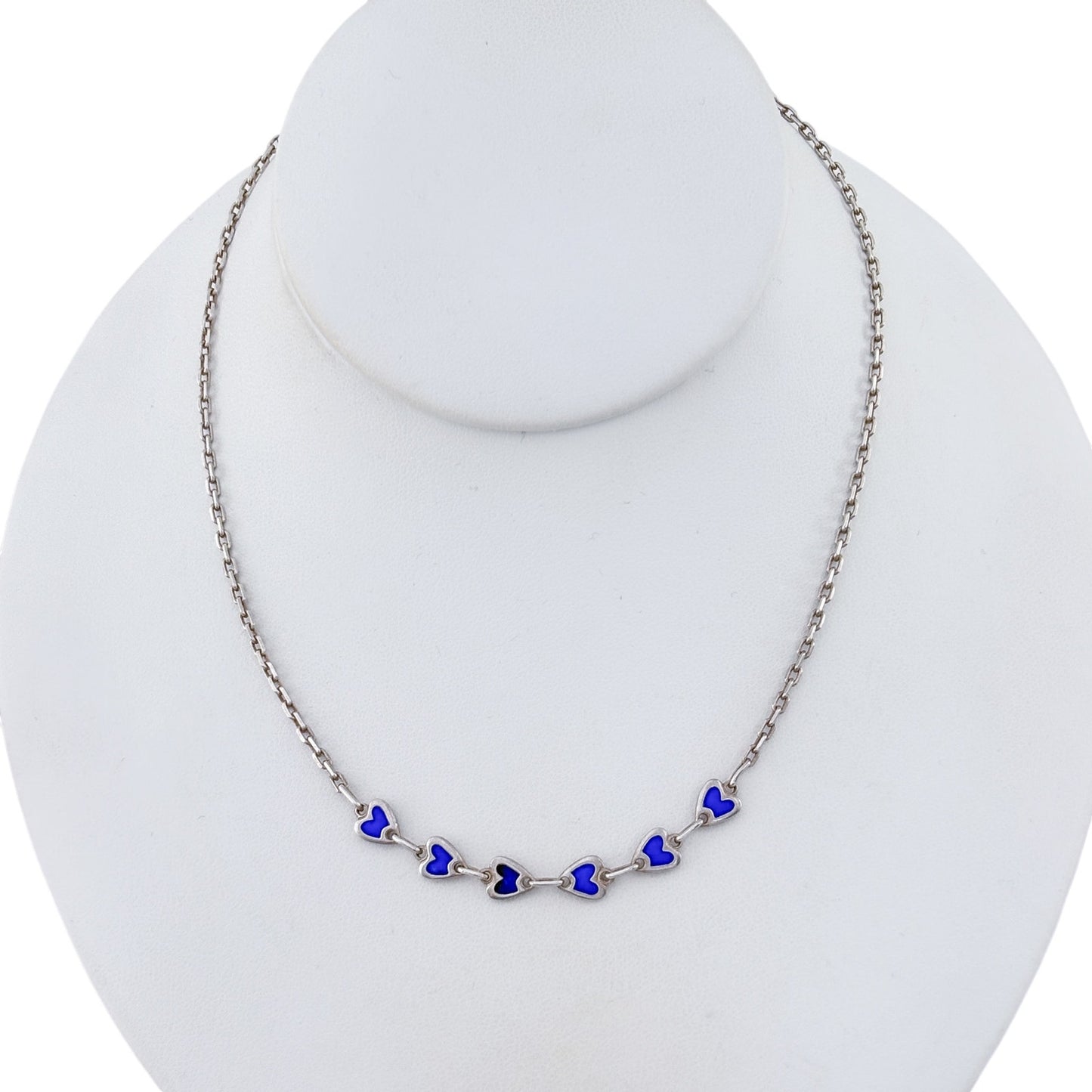 Vintage Sterling Silver Blue Enamel Heart Necklace 16"