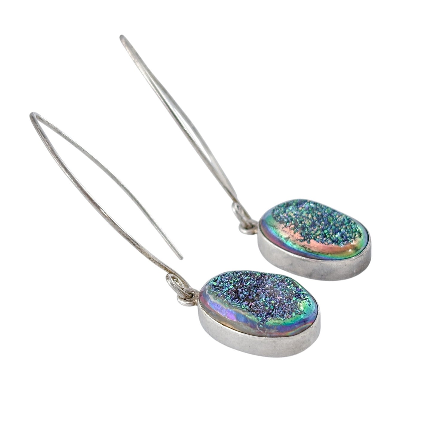 Vintage Sterling Silver 925 Blue Green Druzy Oval Earrings