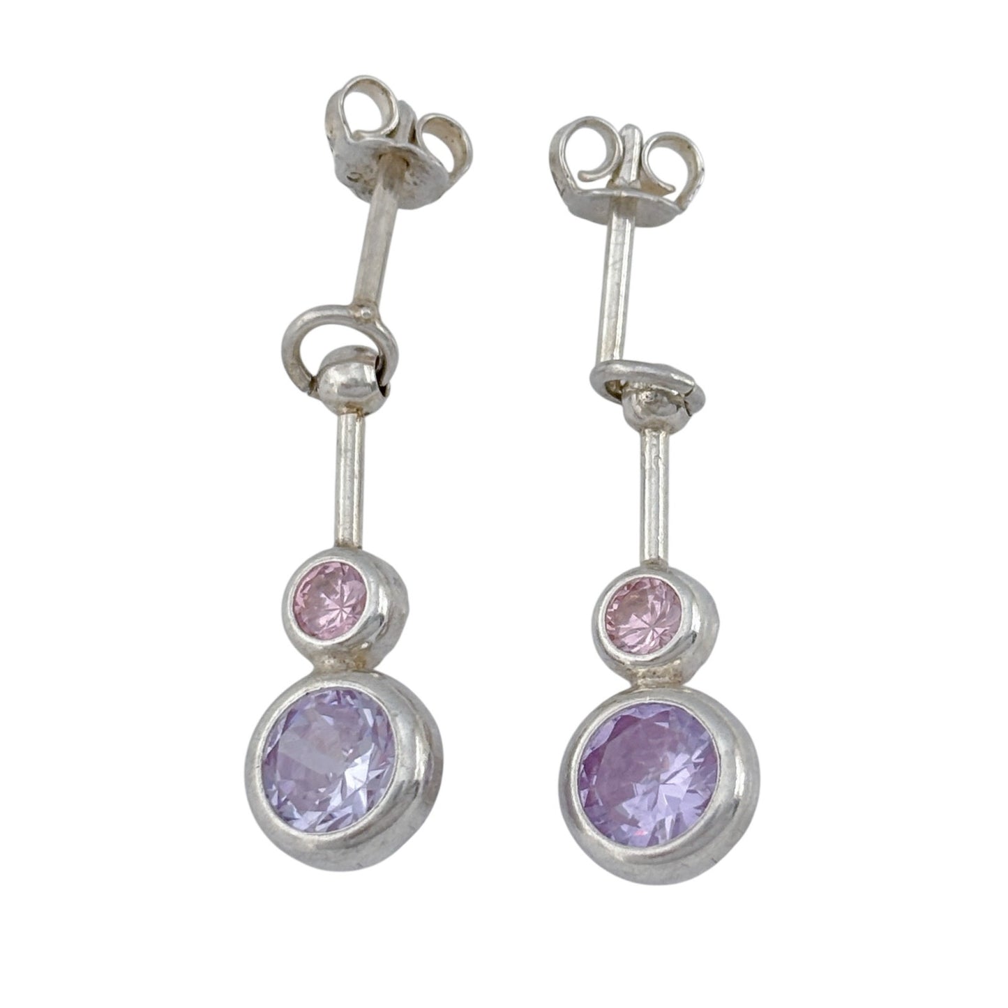 Vintage Sterling Silver 925 Purple Pink Crystal Dangle Earrings