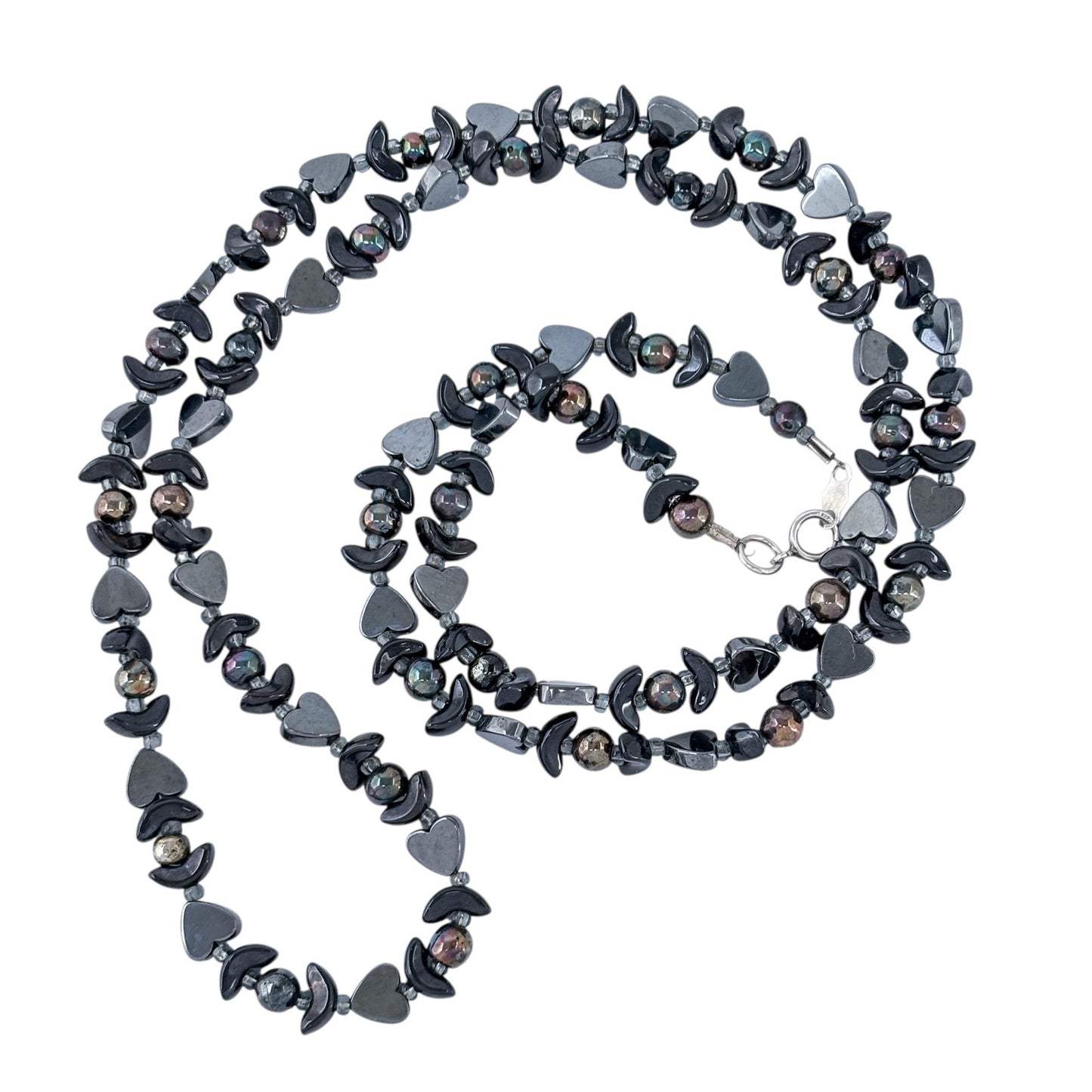Vintage Sterling Silver 925 Hematite Heart Beaded Necklace 27"