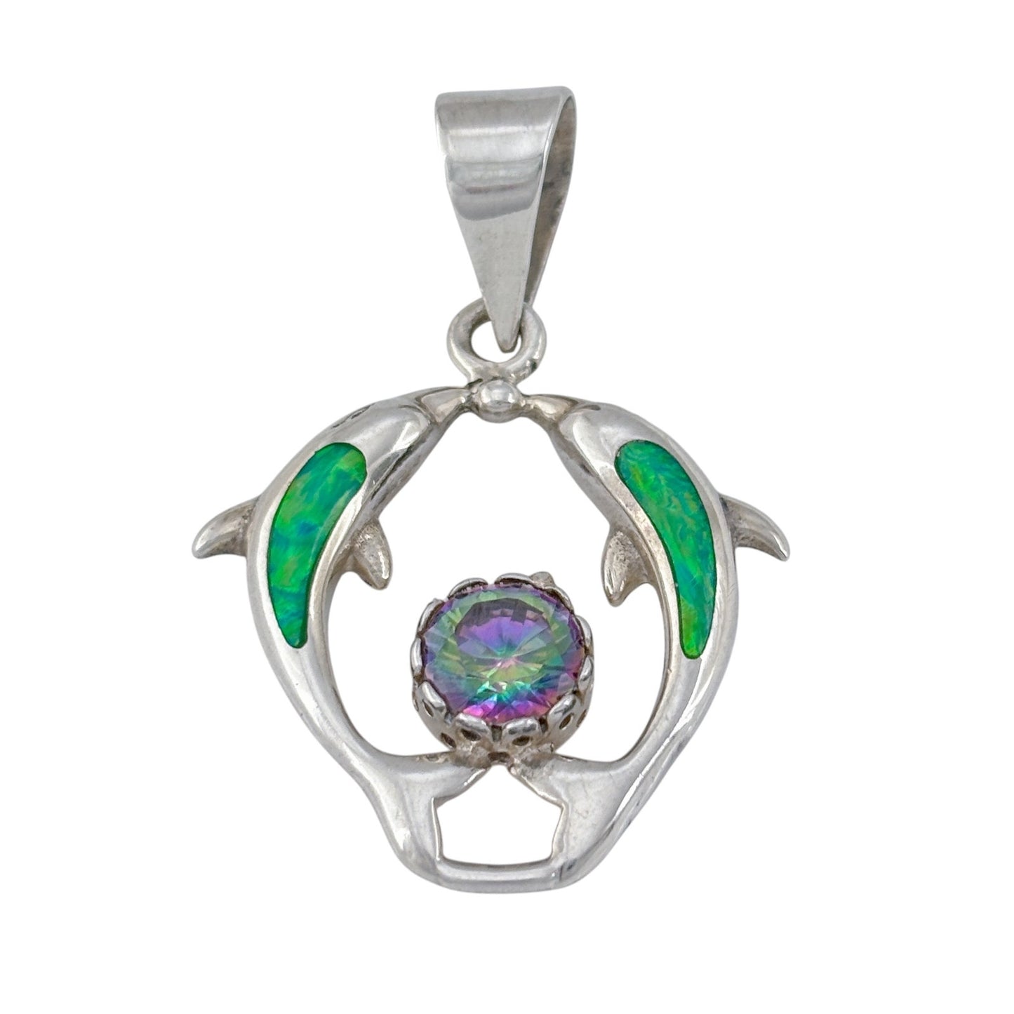 Vintage Sterling Silver 925 Green Opal Mystic Cubic Zirconia Dolphin Pendant