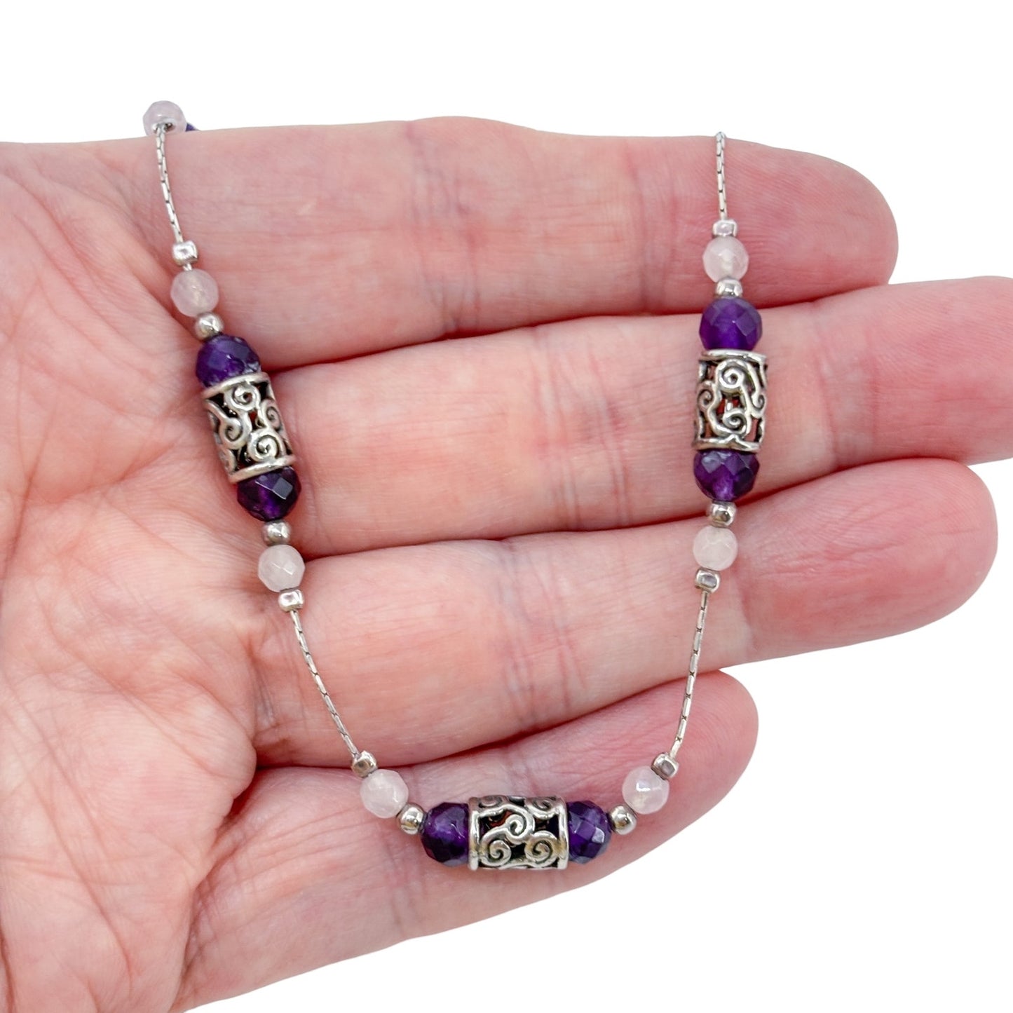Vintage Sterling Silver 925 Amethyst Rose Quartz Necklace 16"