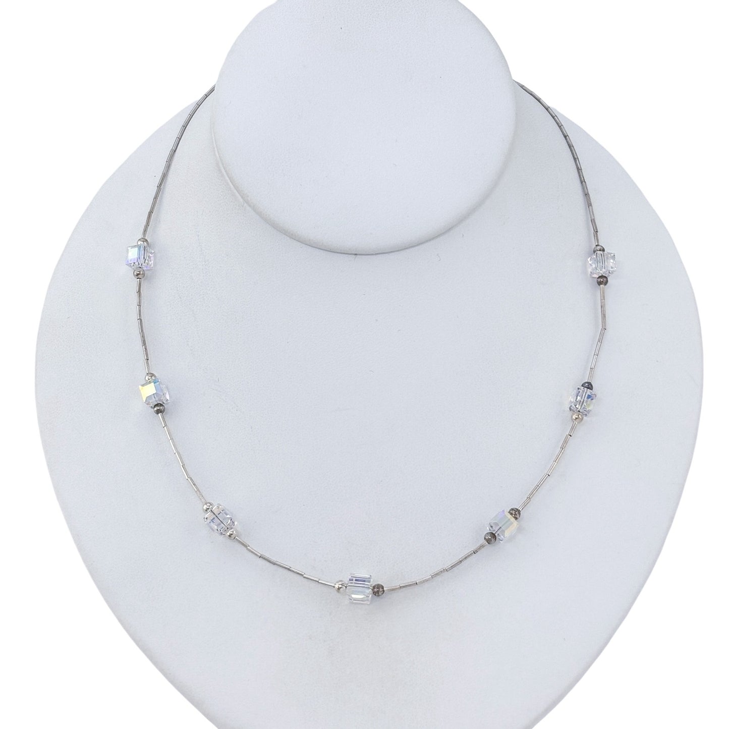 Vintage Sterling Silver 925 Aurora Borealis AB Crystal Necklace 16"-18"