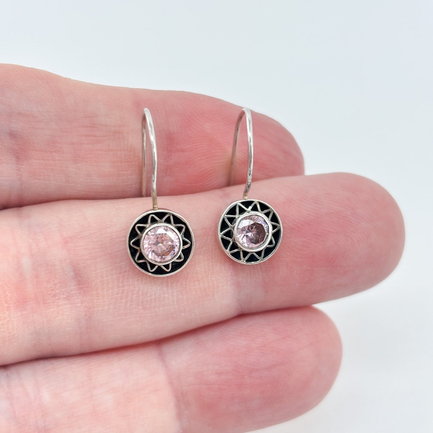 Estate Sterling Silver 925 Pink Cubic Zirconia Geometric Drop Earrings