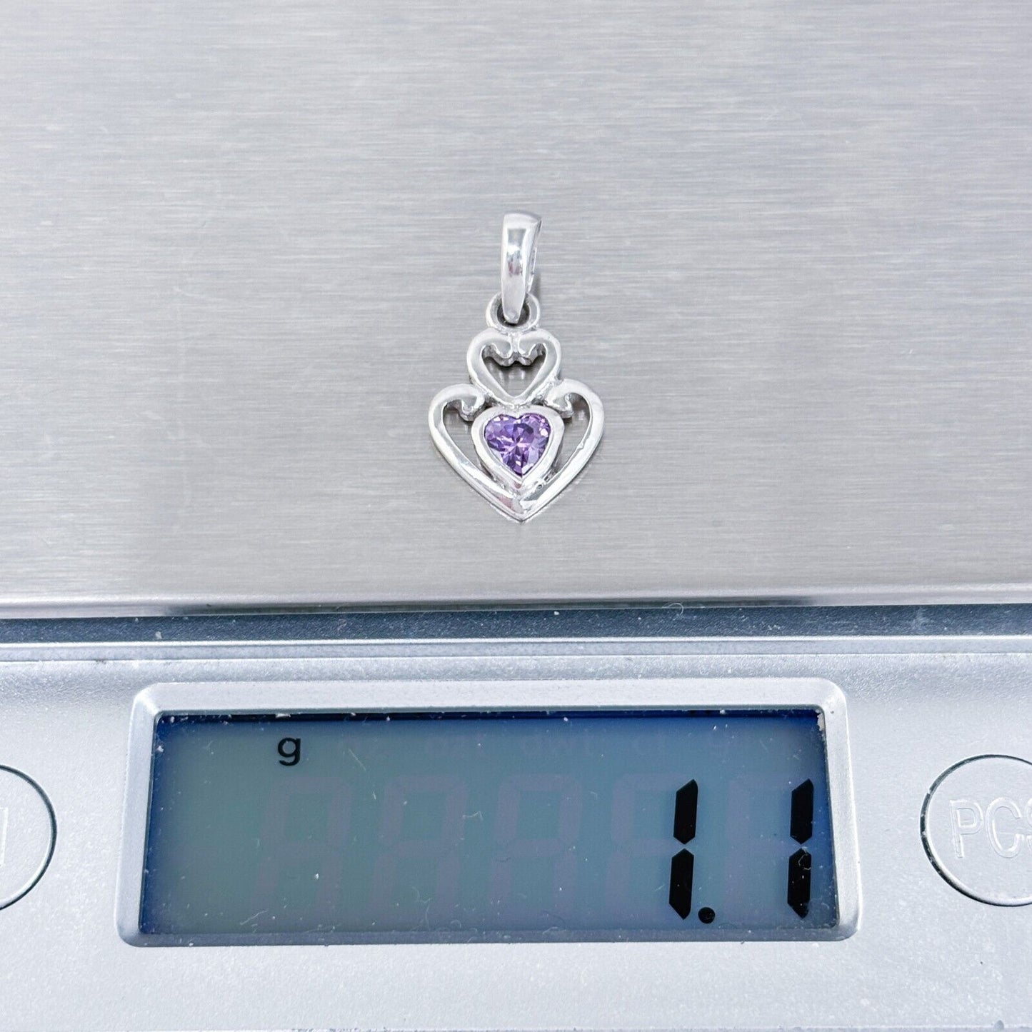 Vintage Sterling Silver 925 Double Heart Purple Cubic Zirconia Pendant