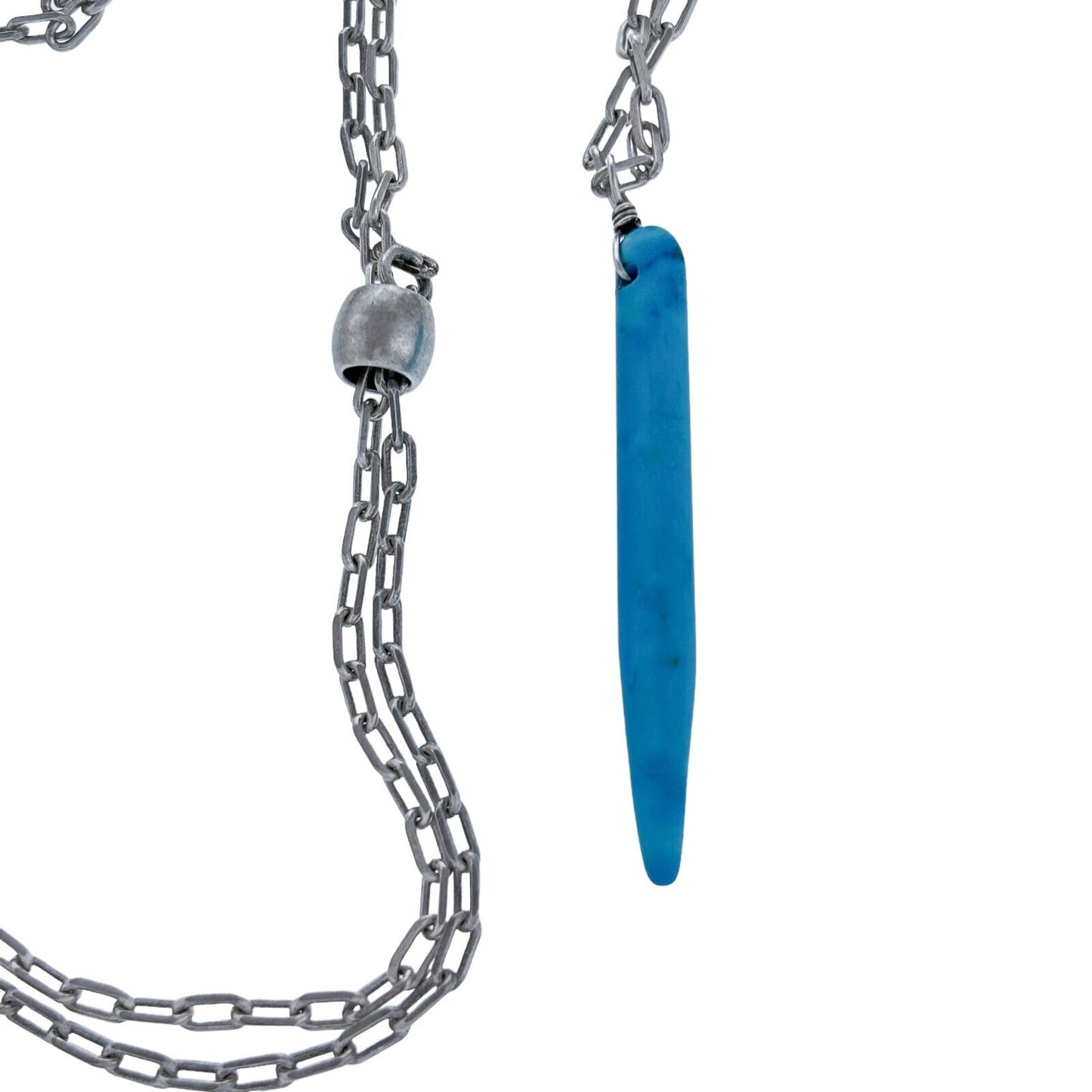Vintage Silver Tone Blue Synthetic Turquoise Spike Pendant Slider Necklace