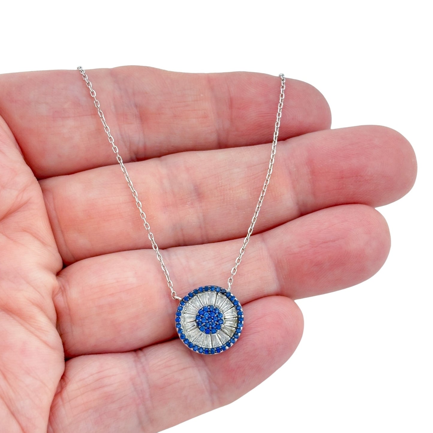 Vintage Sterling Silver Blue Cubic Zirconia Evil Eye Pendant Necklace 16"-18"