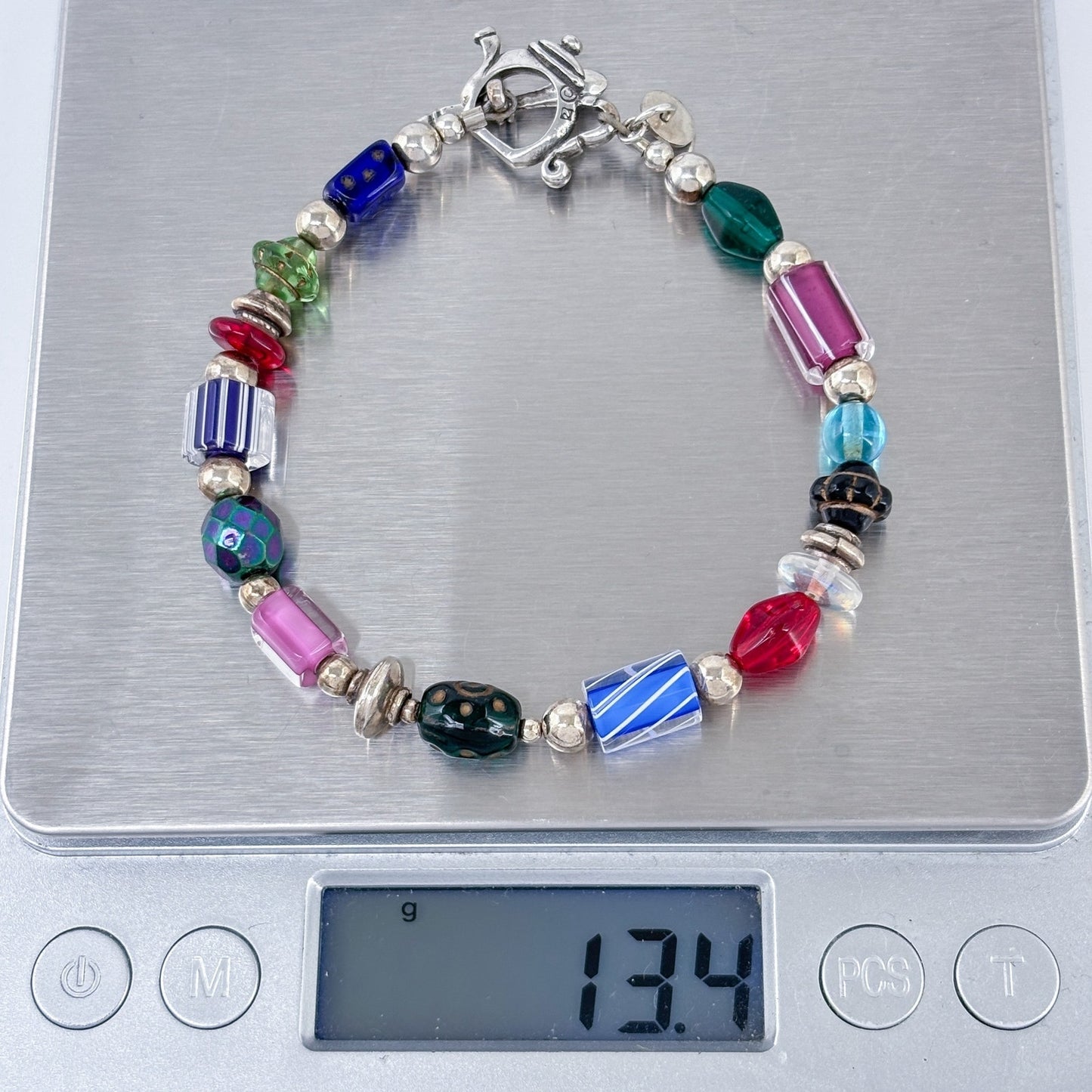 Vintage Sterling Silver 925 Multi Glass Bead Teapot Spoon Clasp Bracelet 7.5"