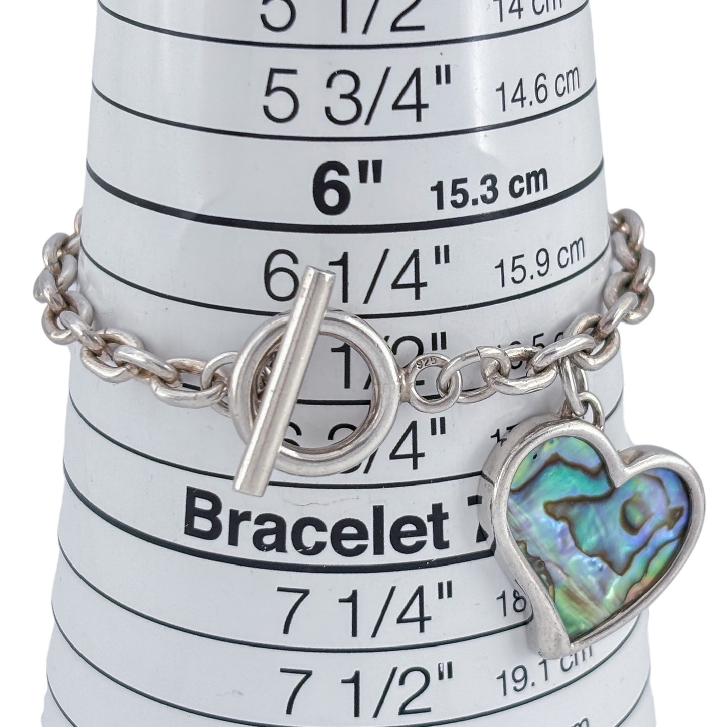 Vintage Sterling Silver 925 Abalone Heart Charm Bracelet 7"