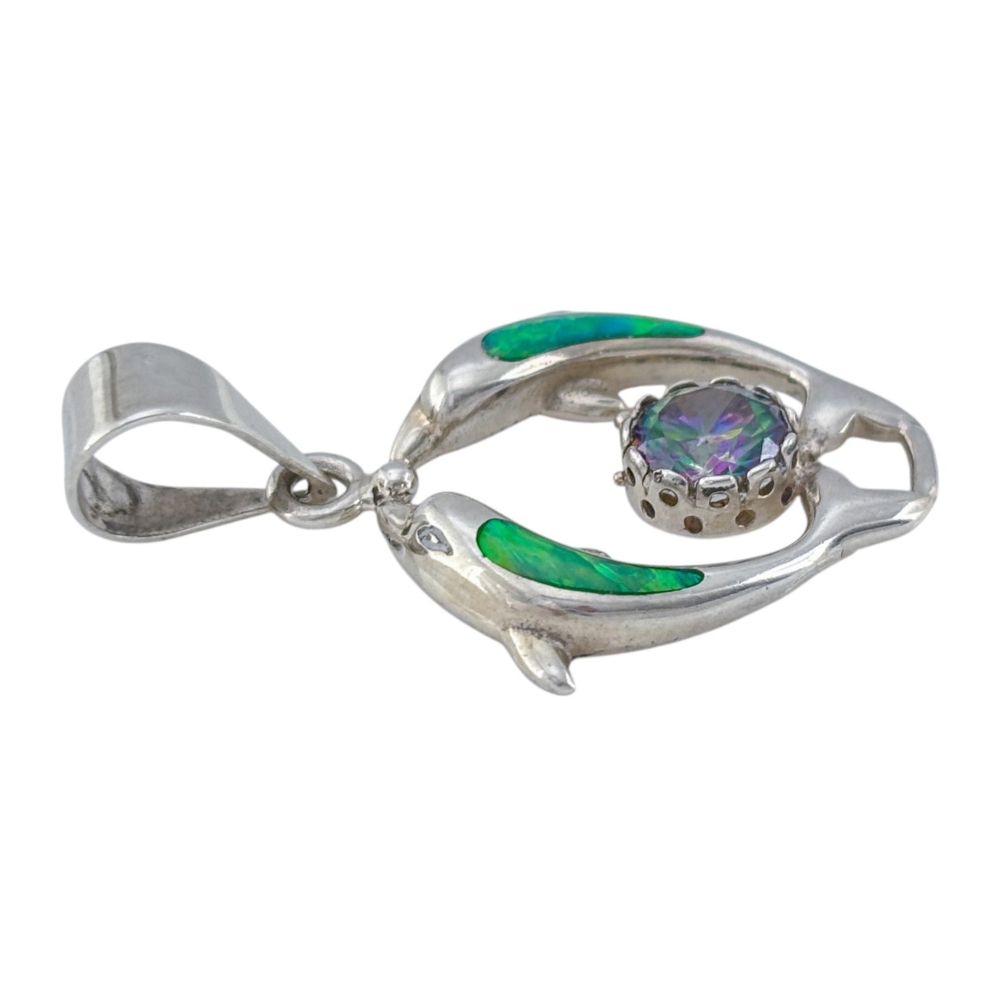 Vintage Sterling Silver 925 Green Opal Mystic Cubic Zirconia Dolphin Pendant