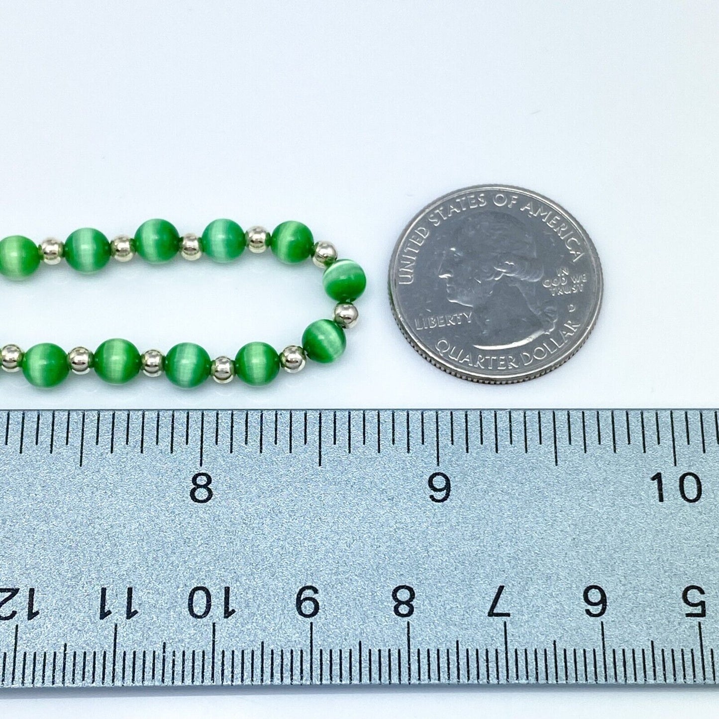 Vintage Sterling Silver 925 Green Cat’s Eye Necklace 16-17.5"