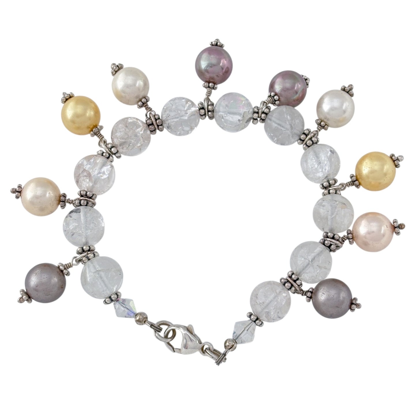 Vintage Sterling Silver 925 Quartz Imitation Pearl Bracelet 7.5"