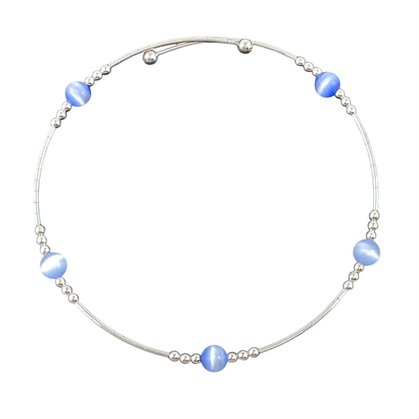 Vintage Sterling Silver 925 Light Blue Cat’s Eye Memory Wire Bracelet 7.5”