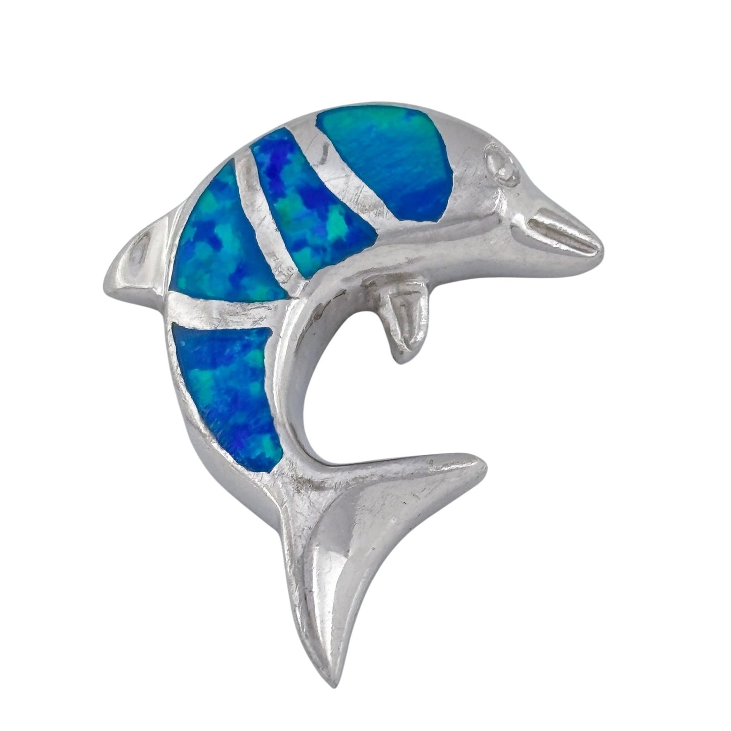 Vintage Sterling Silver 925 Blue Opal Inlay Dolphin Pendant