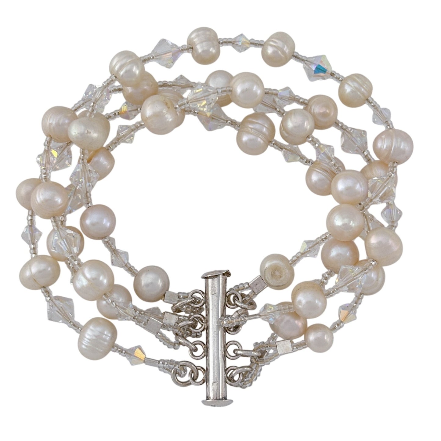 Vintage Sterling Silver 925 Pearl Crystal Bracelet 7.25"