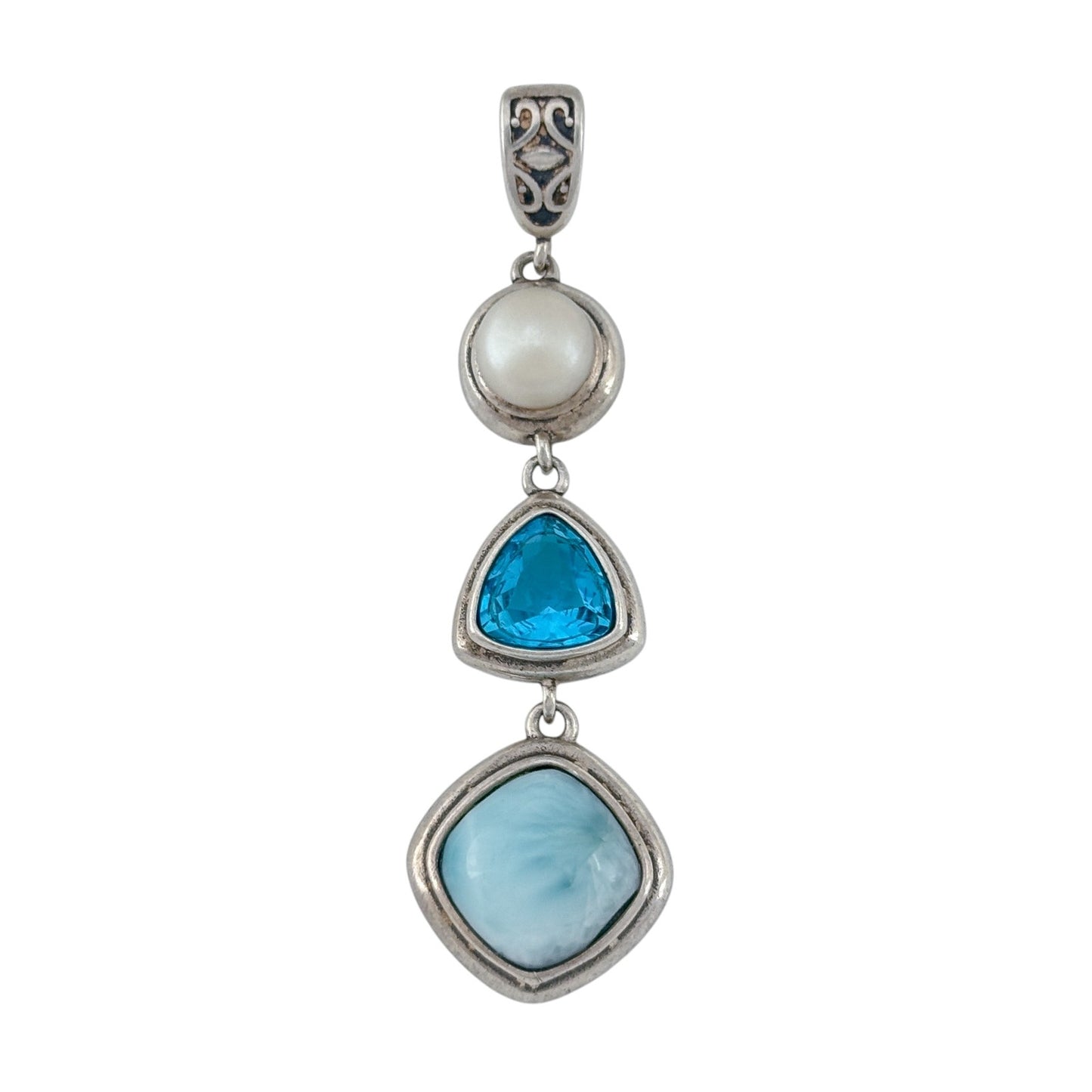 Vintage Sterling Silver 925 Pearl Larimar Cubic Zirconia Pendant