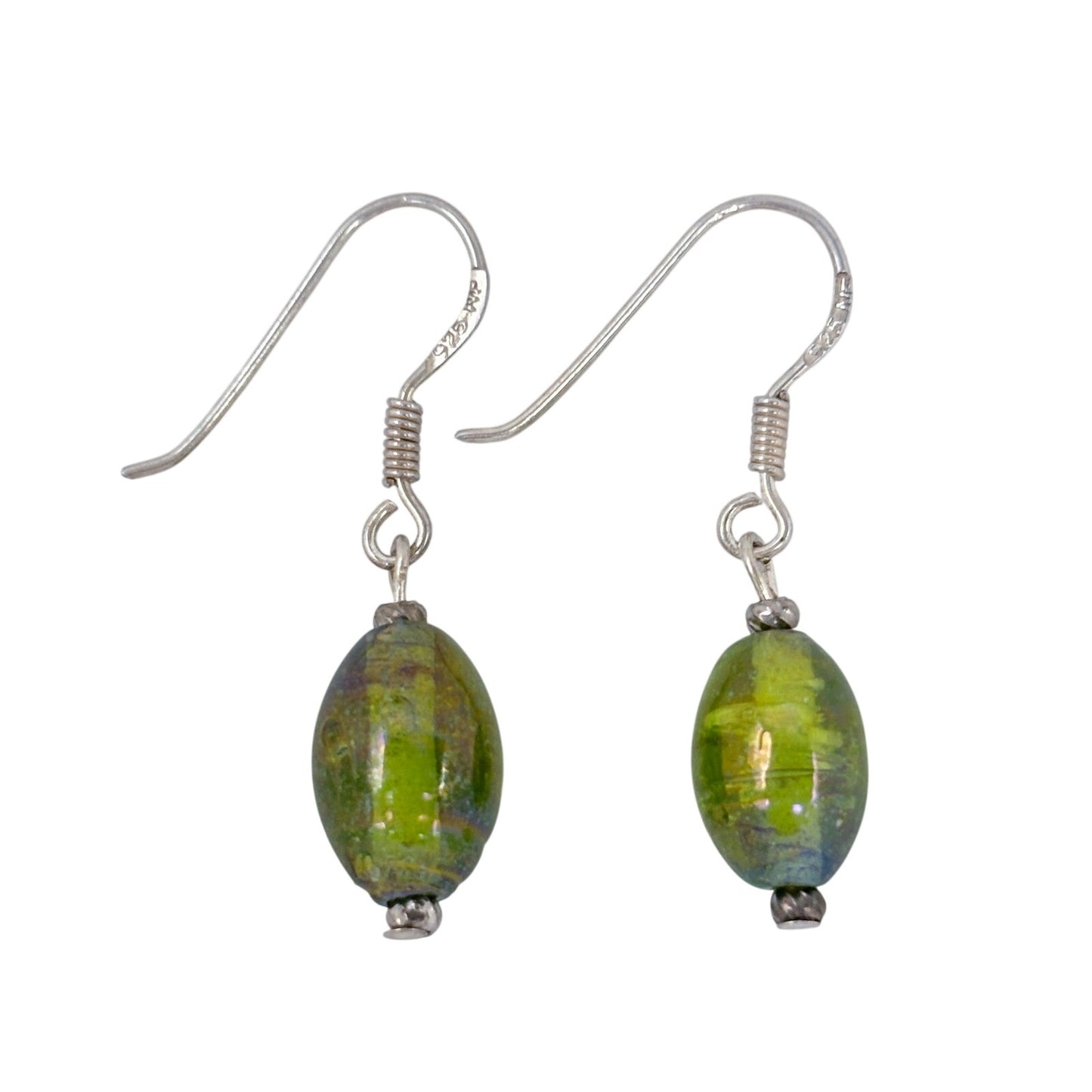 Vintage Sterling Silver 925 Green Glass Bead Drop Earrings