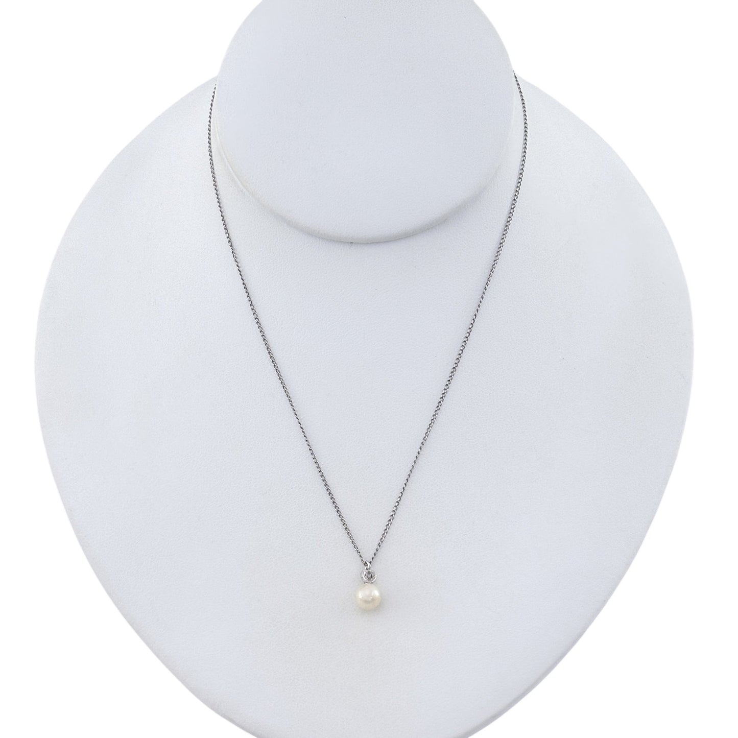Vintage Sterling Silver 925 Diamond Pearl Drop Pendant Necklace 15"
