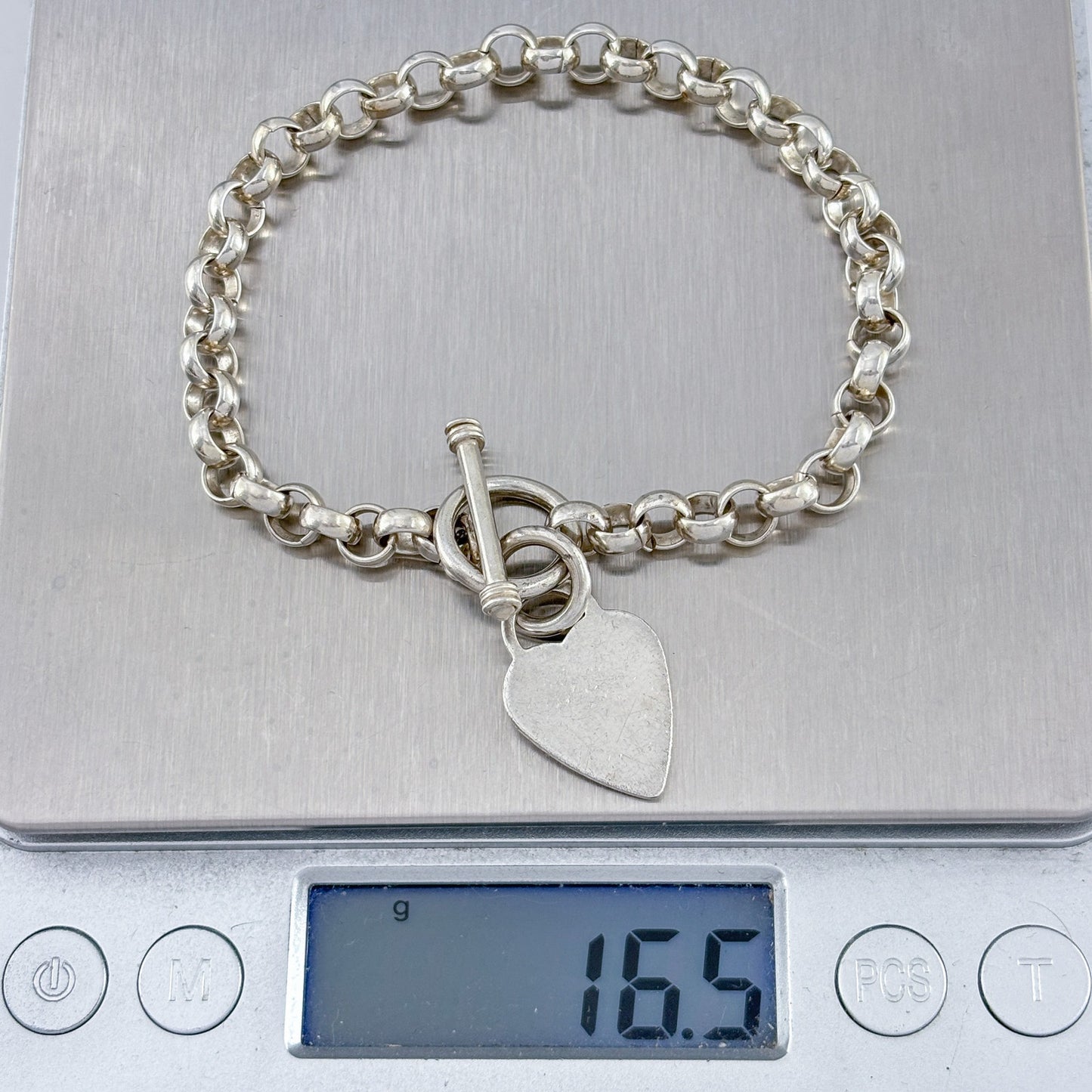 Vintage Sterling Silver 925 Heart Charm Toggle Bracelet 7"