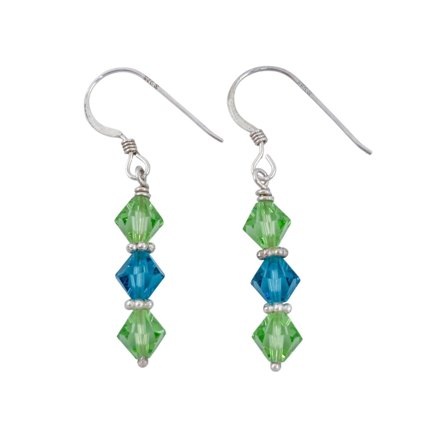 Estate Sterling Silver 925 Green Blue Crystal Dangle Earrings