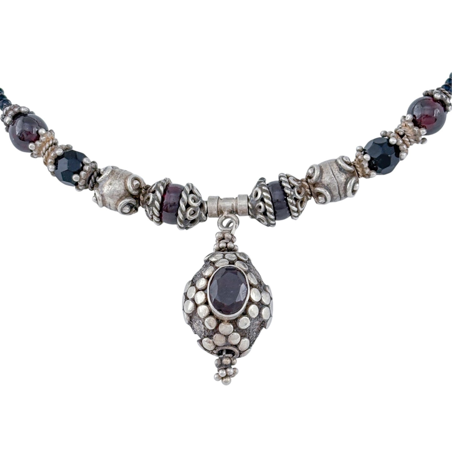 Vintage Sterling Silver 925 Garnet Bead Necklace 16"