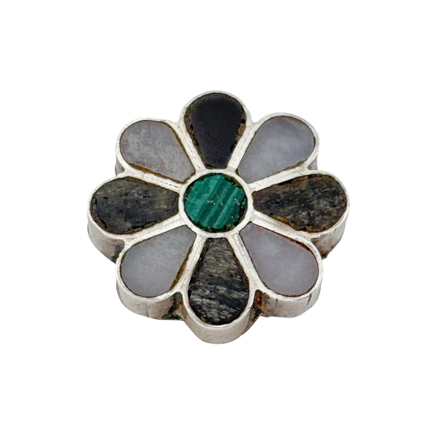 Vintage Sterling Silver 925 Malachite Mother Of Pearl Jet Flower Pendant