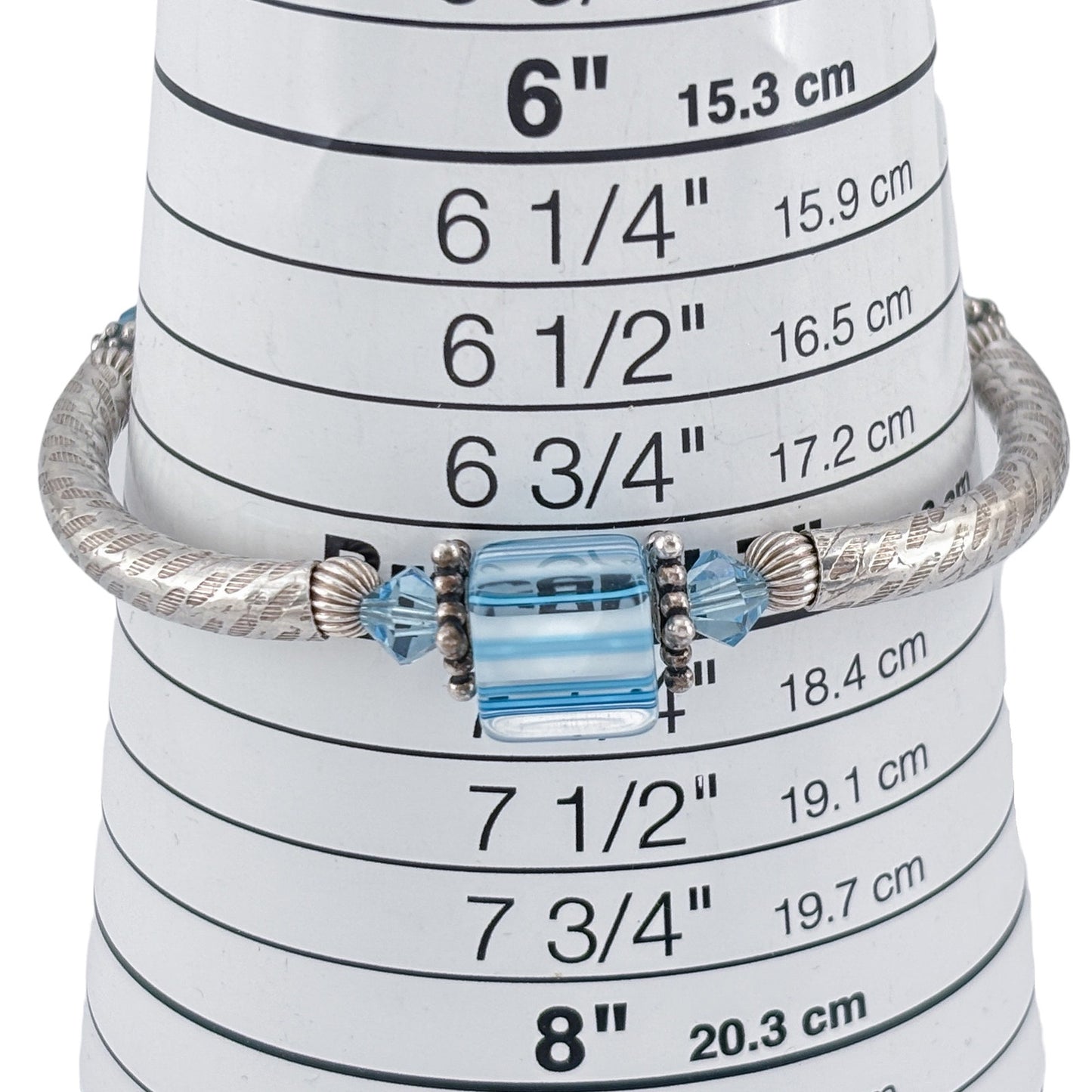 Vintage Sterling Silver 925 Blue Striped Glass Bead Bracelet 7"
