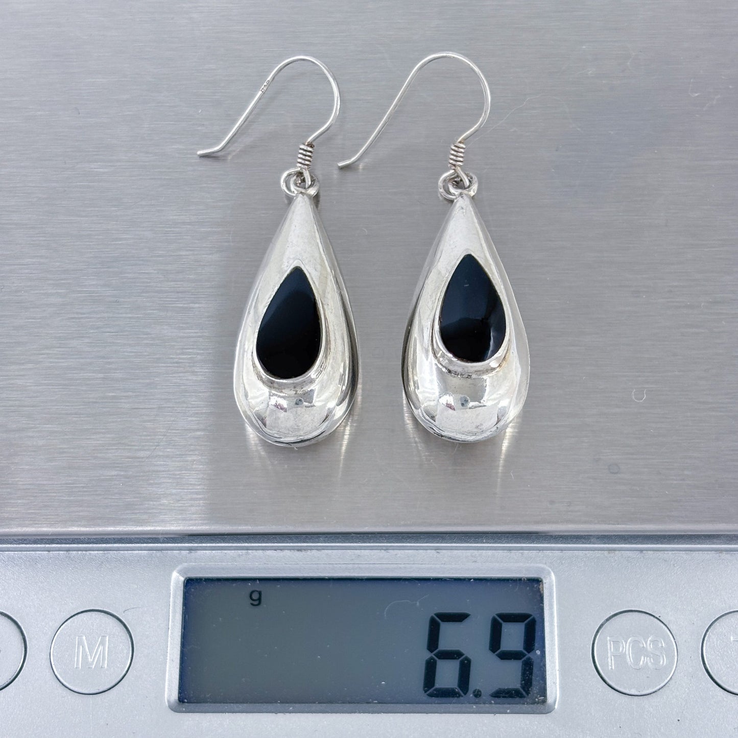 Estate Sterling Silver 925 Black Onyx Teardrop Earrings