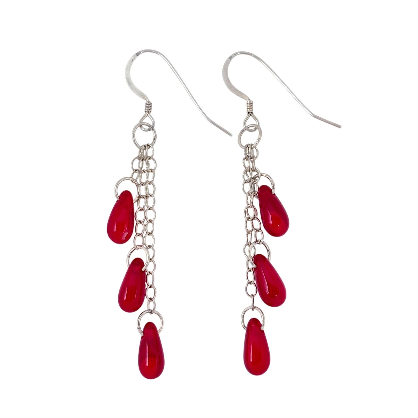 Vintage Sterling Silver 925 Red Glass Dangle Earrings