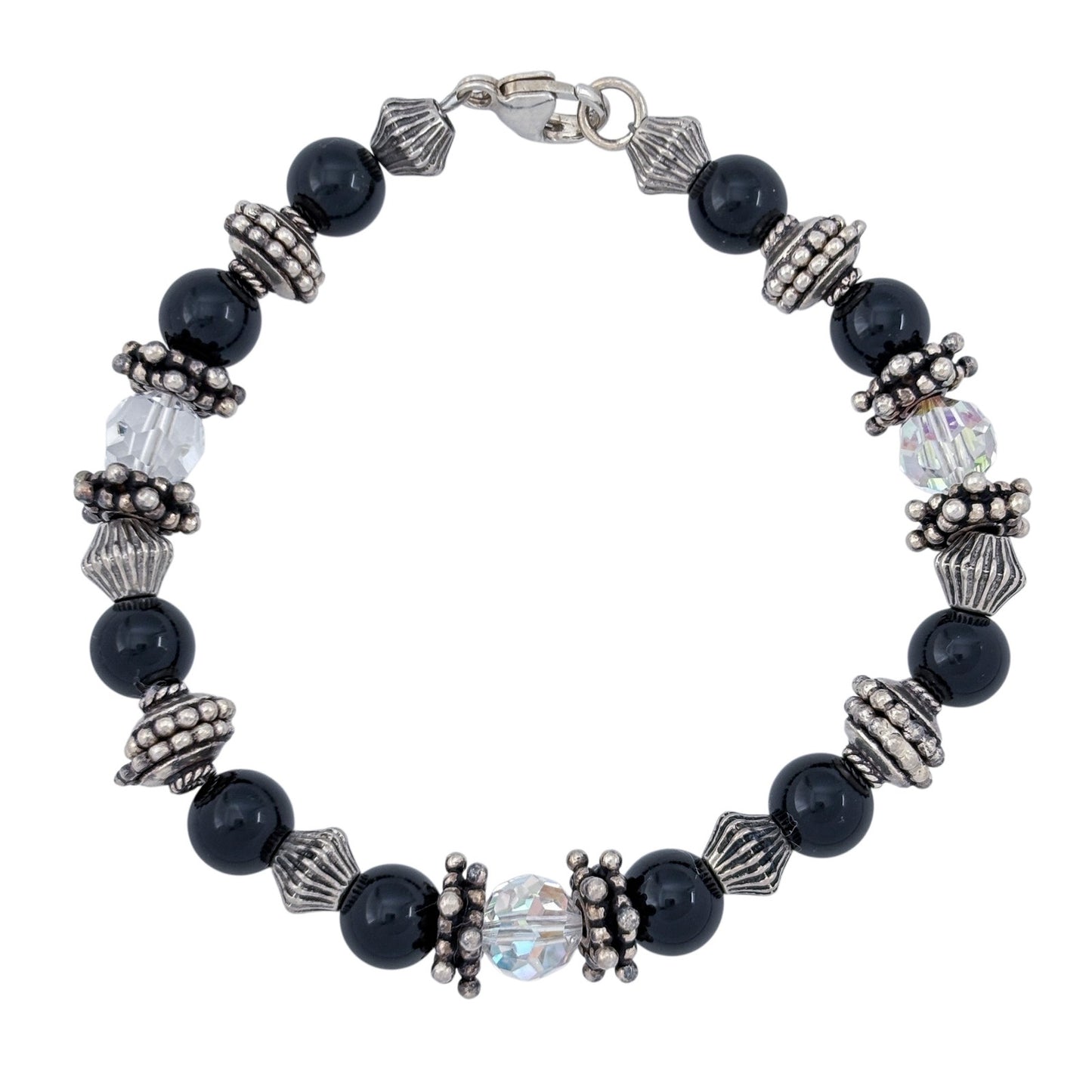 Vintage Sterling Silver 925 Onyx & Crystal Bracelet 8"