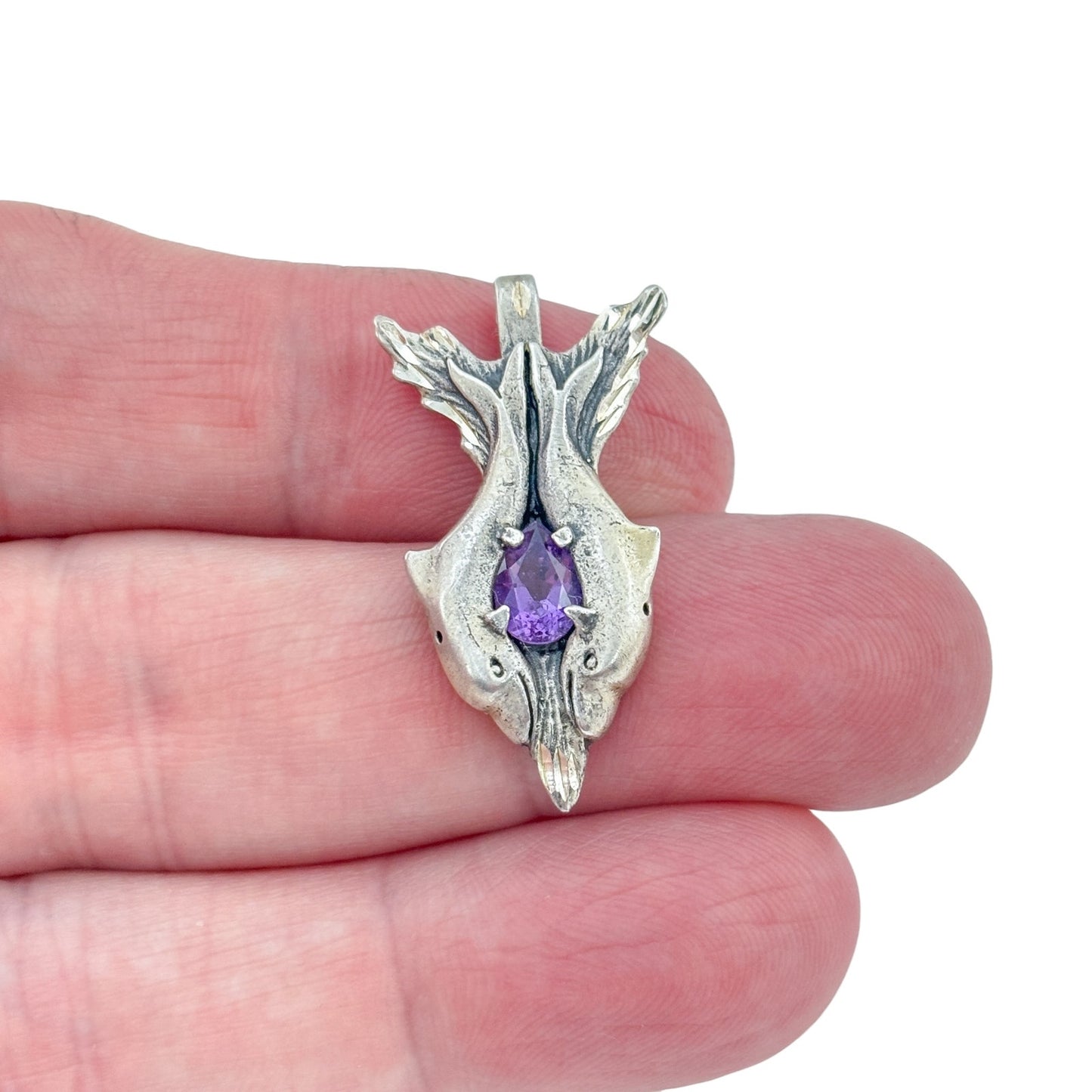 Vintage Sterling Silver 925 Amethyst Twin Dolphin Pendant