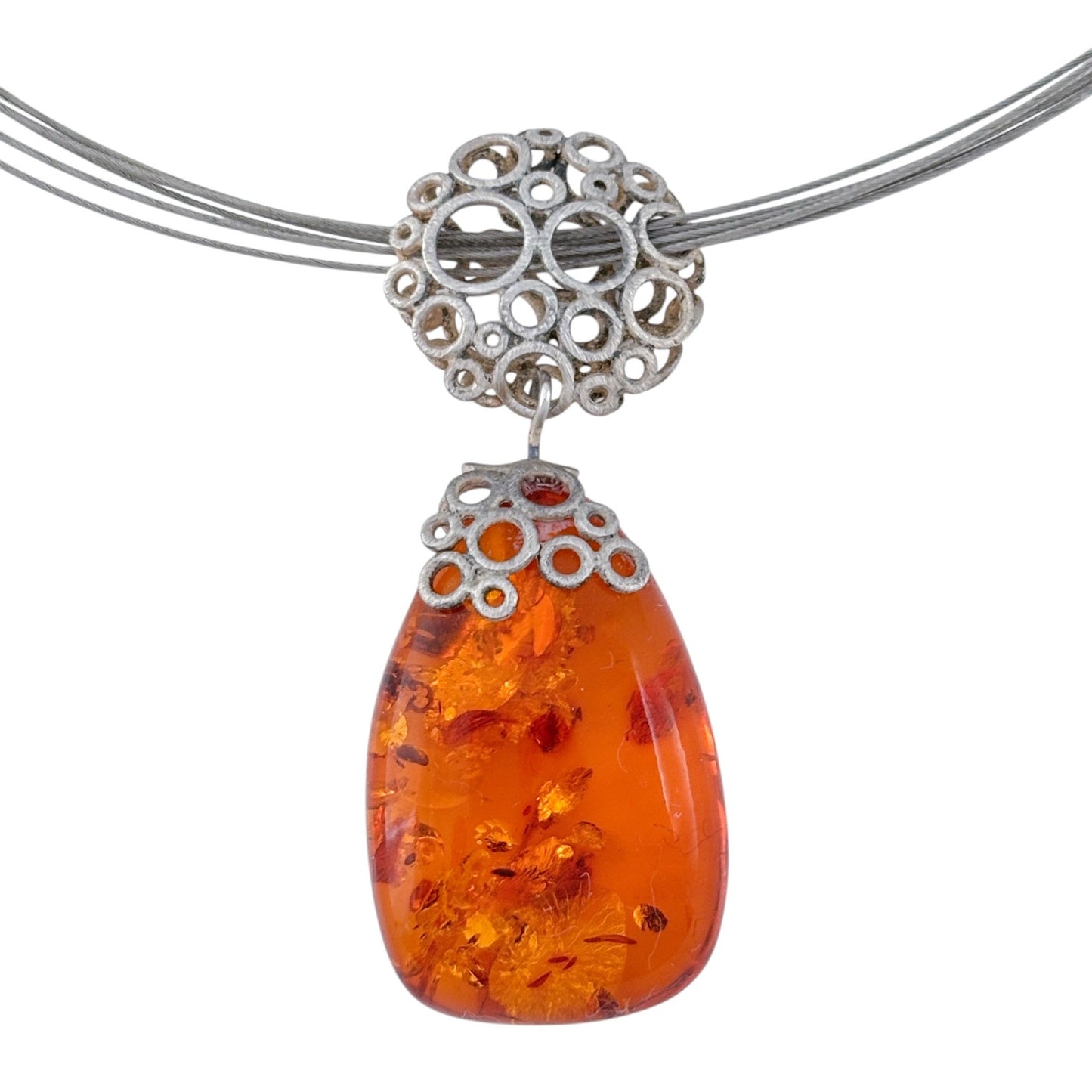 Vintage Sterling Silver 925 Amber Teardrop Pendant Necklace 16.5-18.5"