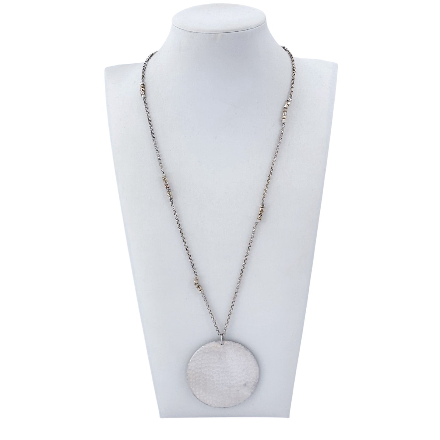 Vintage Sterling Silver 925 Hammered Disc Pendant Necklace 30"