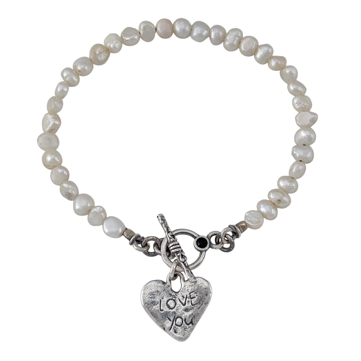 Vintage Sterling Silver 925 Pearl Love You Heart Bracelet 8"