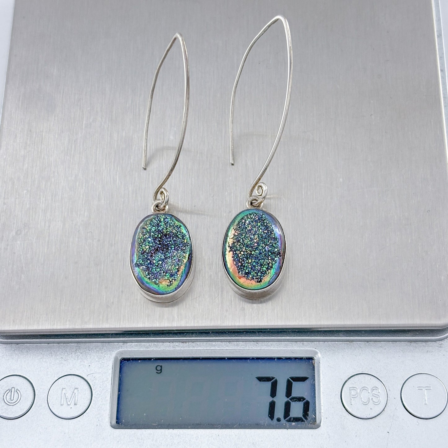 Vintage Sterling Silver 925 Blue Green Druzy Oval Earrings