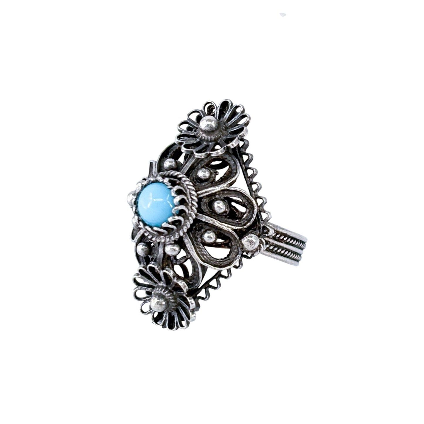 Vintage Sterling Silver 925 Filigree Persian Turquoise Ring Size 6