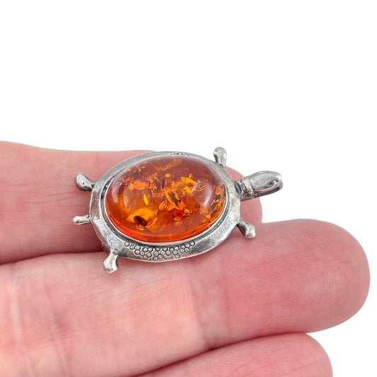 Vintage Sterling Silver 925 Amber Turtle Brooch