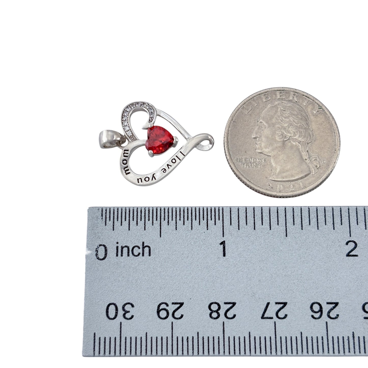 Vintage Sterling Silver 925 Simulated Ruby Mom Heart Pendant