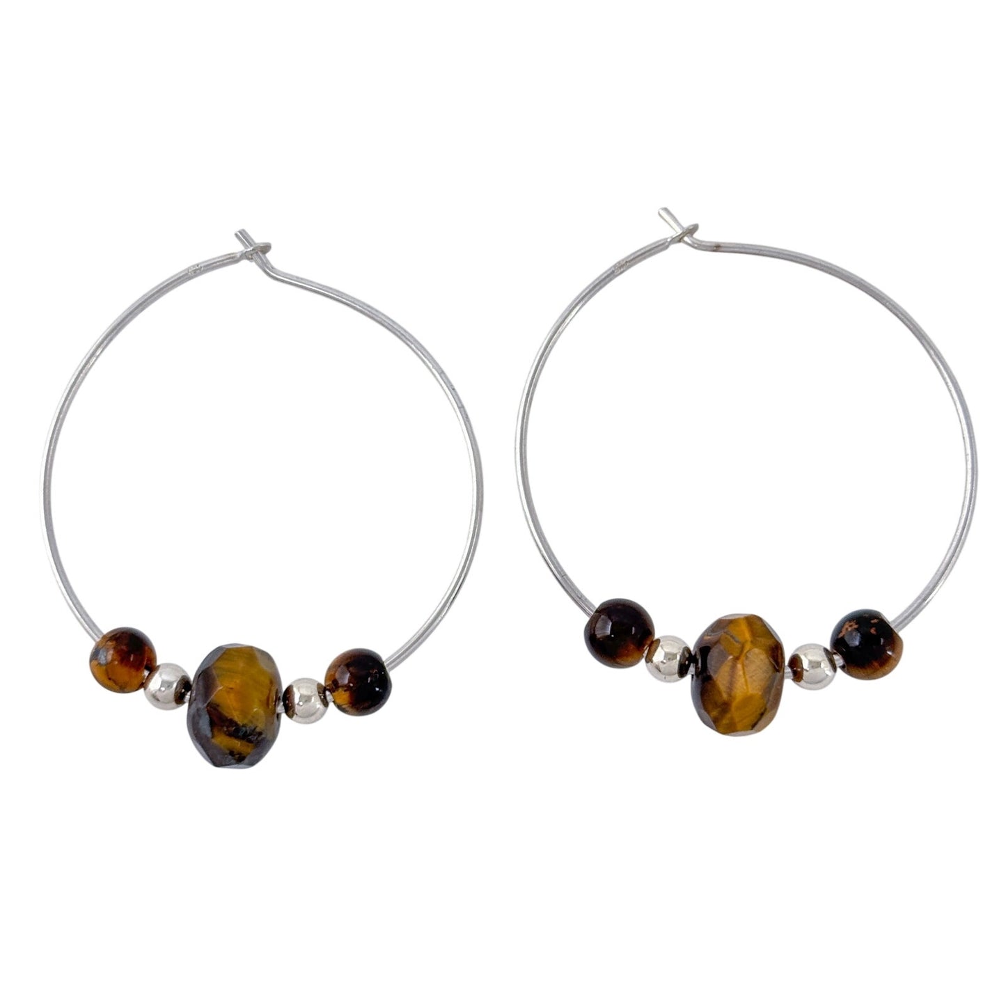 Estate Sterling Silver 925 Tiger's Eye Beaded Hoop Earrings