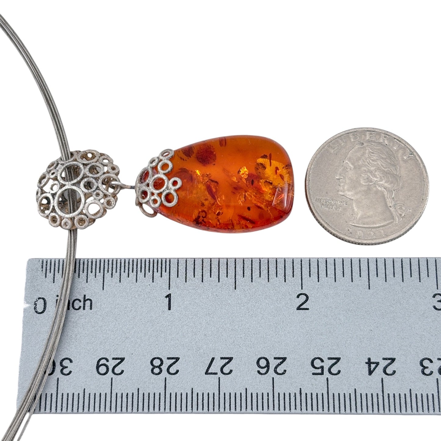 Vintage Sterling Silver 925 Amber Teardrop Pendant Necklace 16.5-18.5"