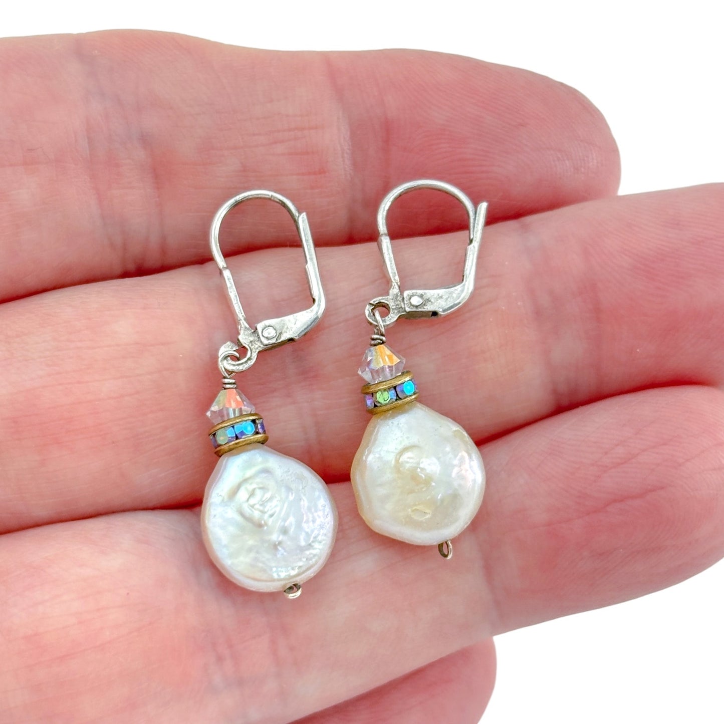 Vintage Sterling Silver 925 White Coin Pearl & Crystal Dangle Earrings