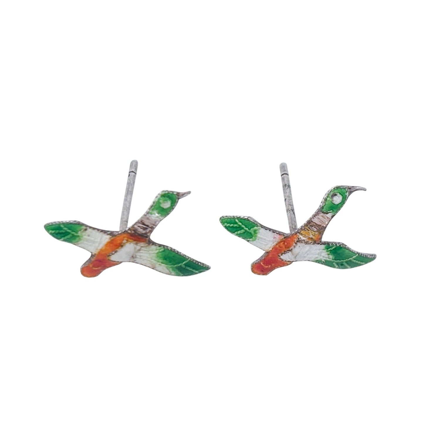 Vintage Sterling Silver 925 Flying Duck Enamel Stud Earrings