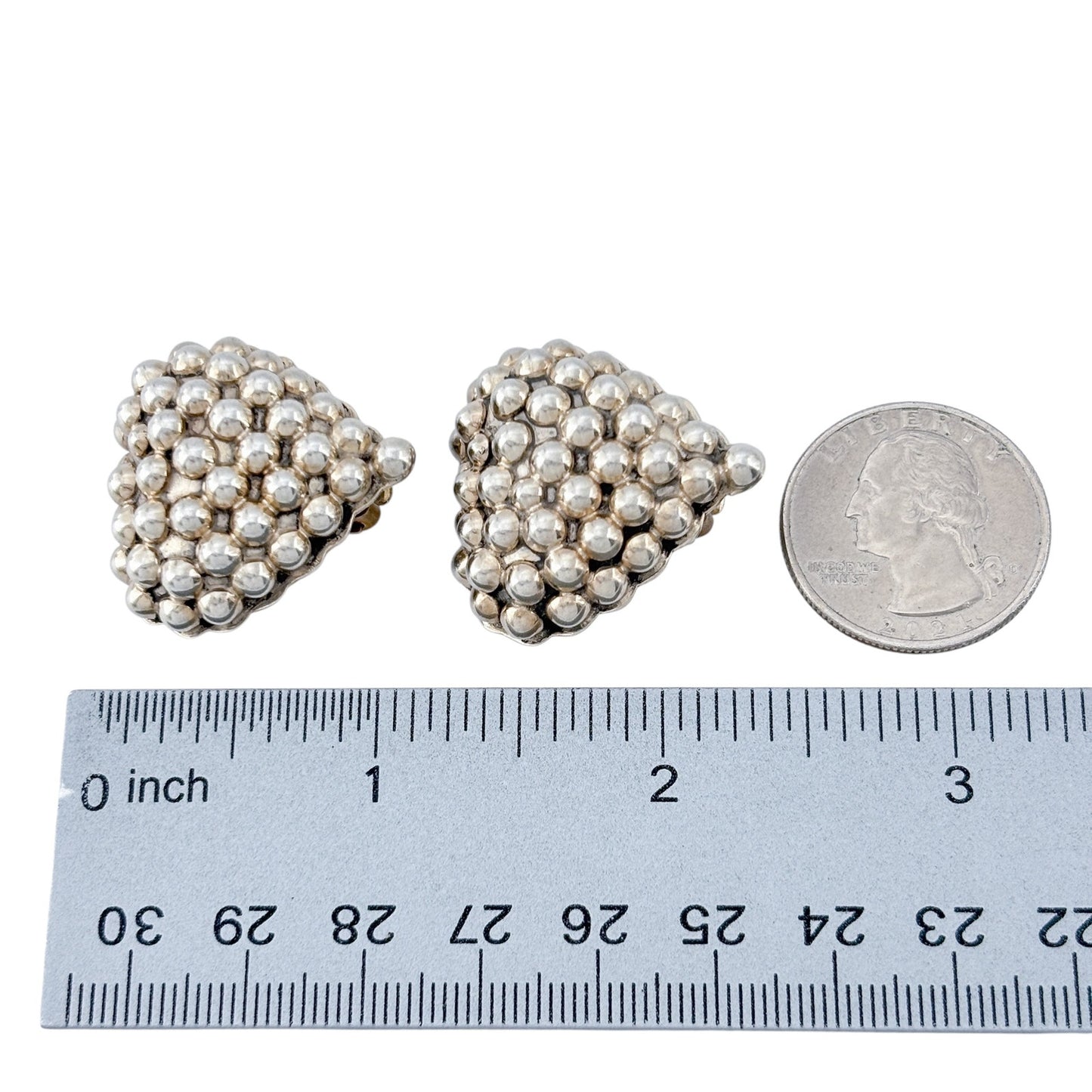Vintage Sterling Silver 925 Beaded Heart Clip On Earrings